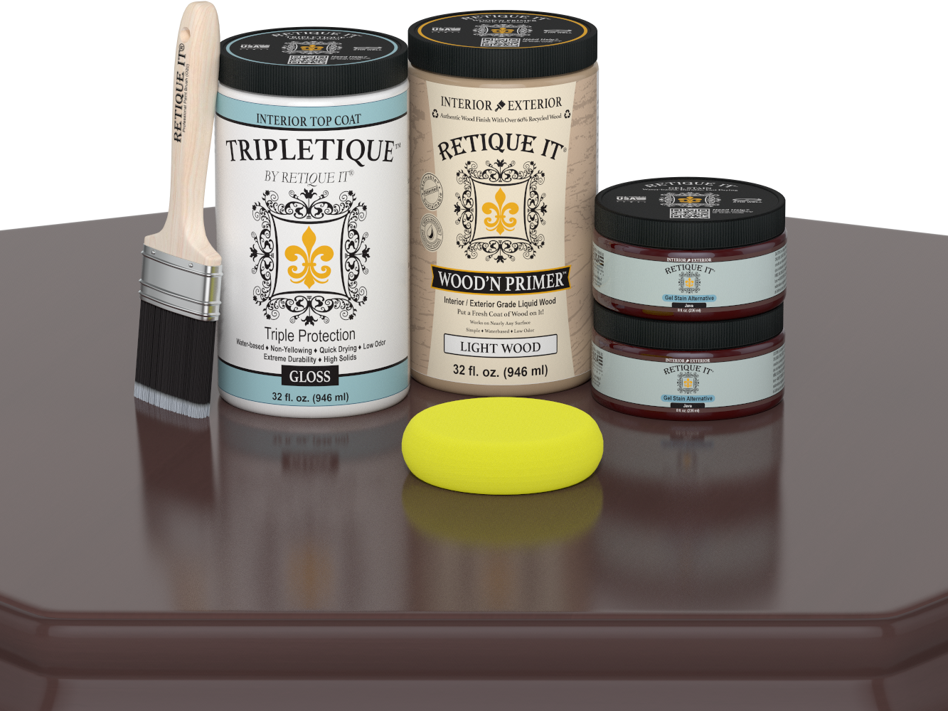 Paint cans and tools on a reflective surface