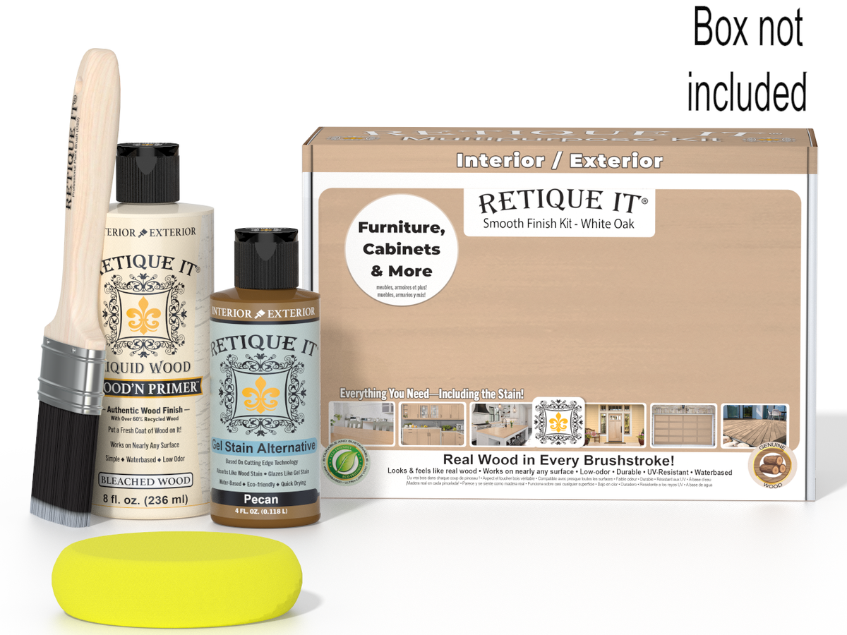 Retique It furniture care products including a bottle, brush, and box on a white background