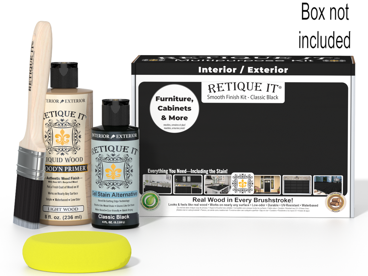 Retique It furniture finish kit with bottles, brush, and container on a white background