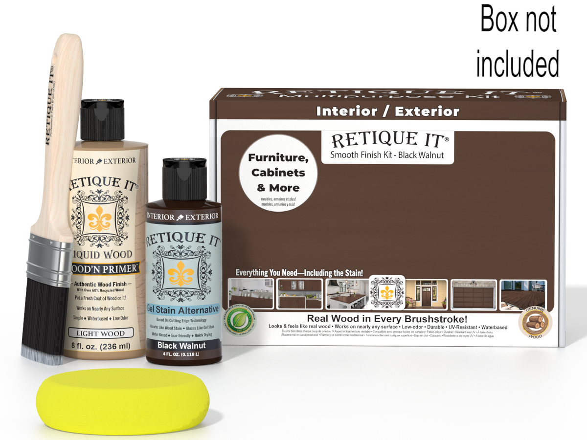 Retique It paint kit with bottles, brush, and packaging on a white background