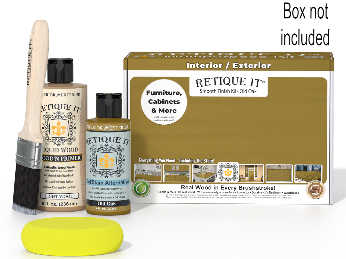 Retique It wood staining kit with bottle, brush, and packaging on a white background