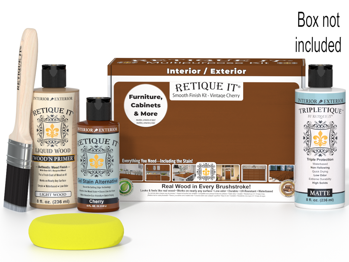 Retique It! wood finish kit with bottles, brush, and packaging on a white background