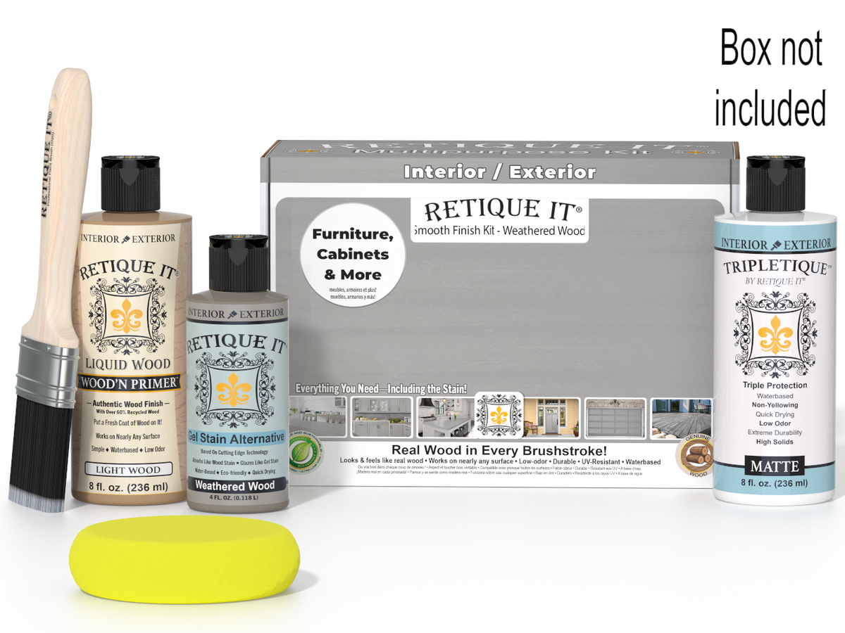 Retique It furniture care kit with bottles, brush, and box on a white background