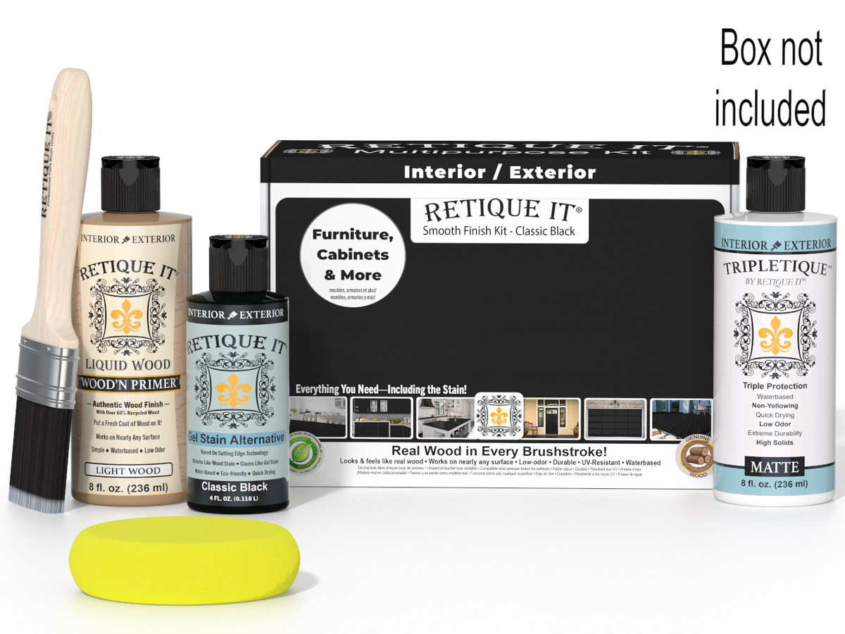 Furniture finish kit with bottles, a brush, and a box labeled 'Retique It' on a white background.