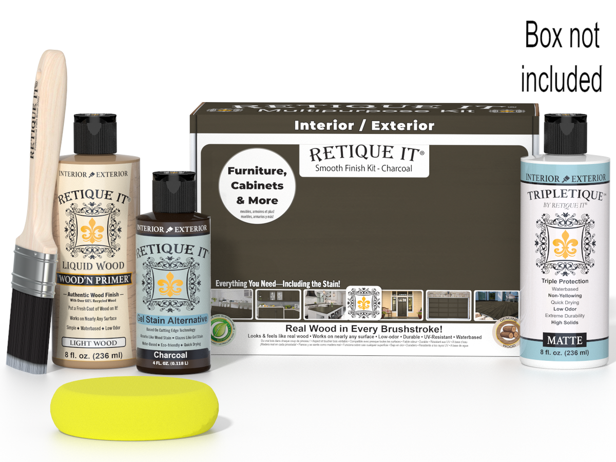 Retique It furniture care products including a box, bottles, and a brush on a white background.