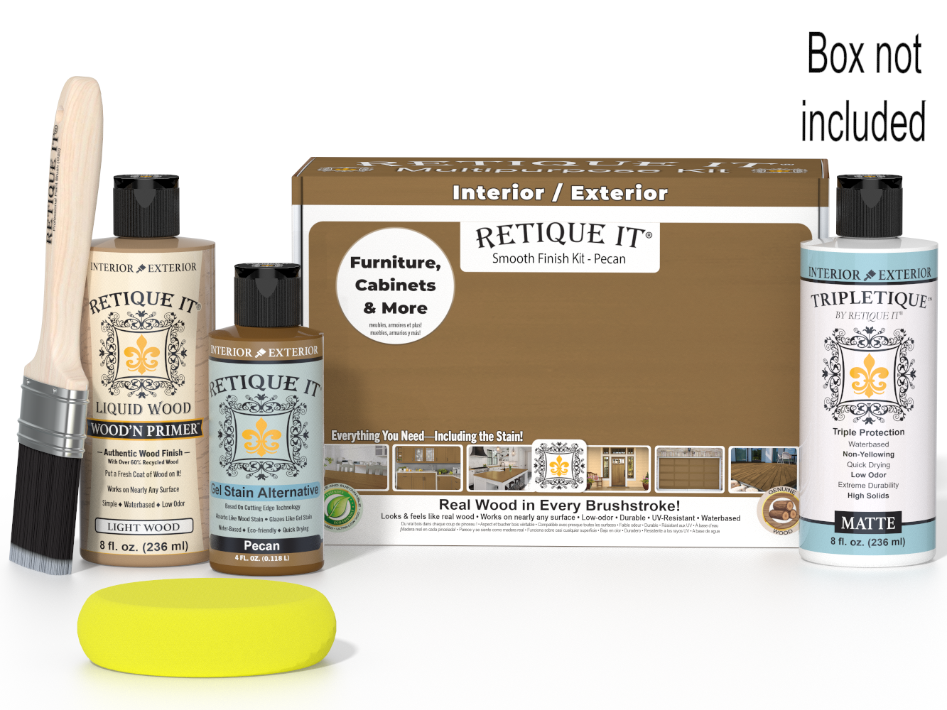 Retique It® wood finish kit featuring a Pecan-colored interior top coat with a smooth finish for multi-purpose wood projects.