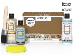 Retique It® wood finish kit featuring a Pecan-colored interior top coat with a smooth finish for multi-purpose wood projects.