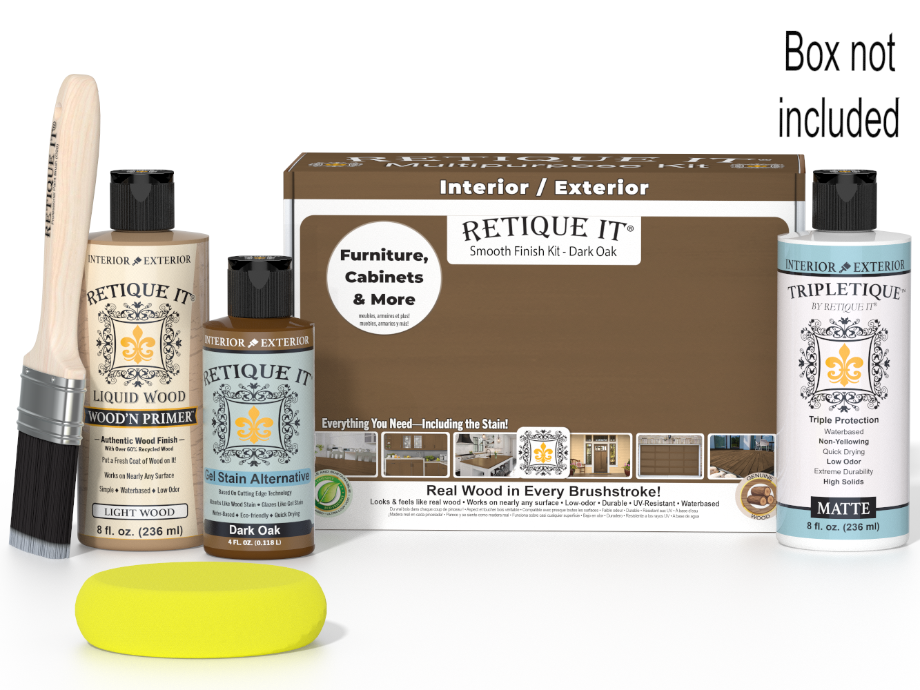 Retique It® Multi-purpose Smooth Finish Kit in Dark Oak for interior wood top coating, showing wood surface with smooth finish.
