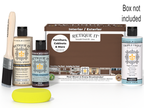 Retique It wood finish product set with bottles, brush, and packaging on a white background