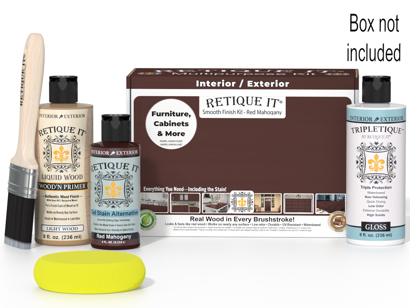 Retique It furniture care products including bottles, a brush, and a box on a white background.