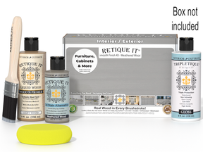 Retique It furniture care kit with bottles, brush, and packaging on a white background