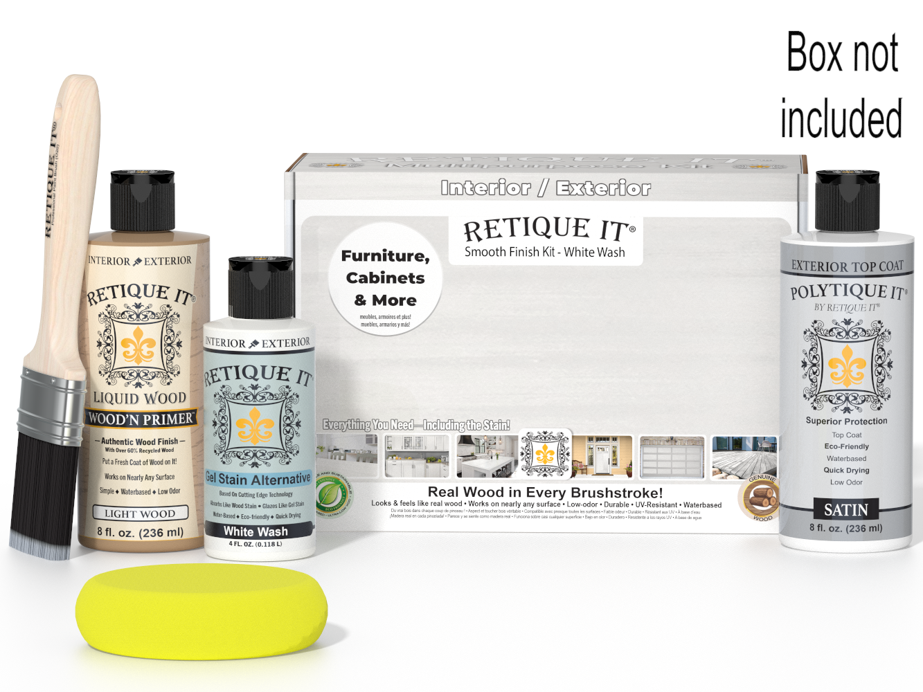 Retique It furniture care products including a box, bottles, and applicators on a white background.