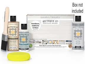 Retique It furniture care products including a box, bottles, and applicators on a white background.