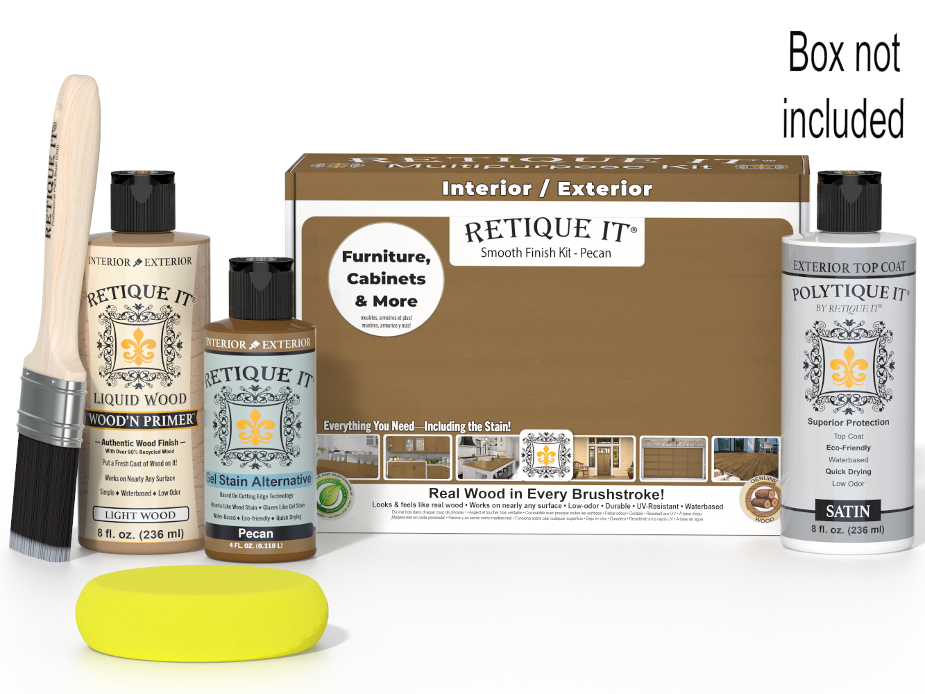 Retique It wood finish kit with bottles, brush, and box on a white background