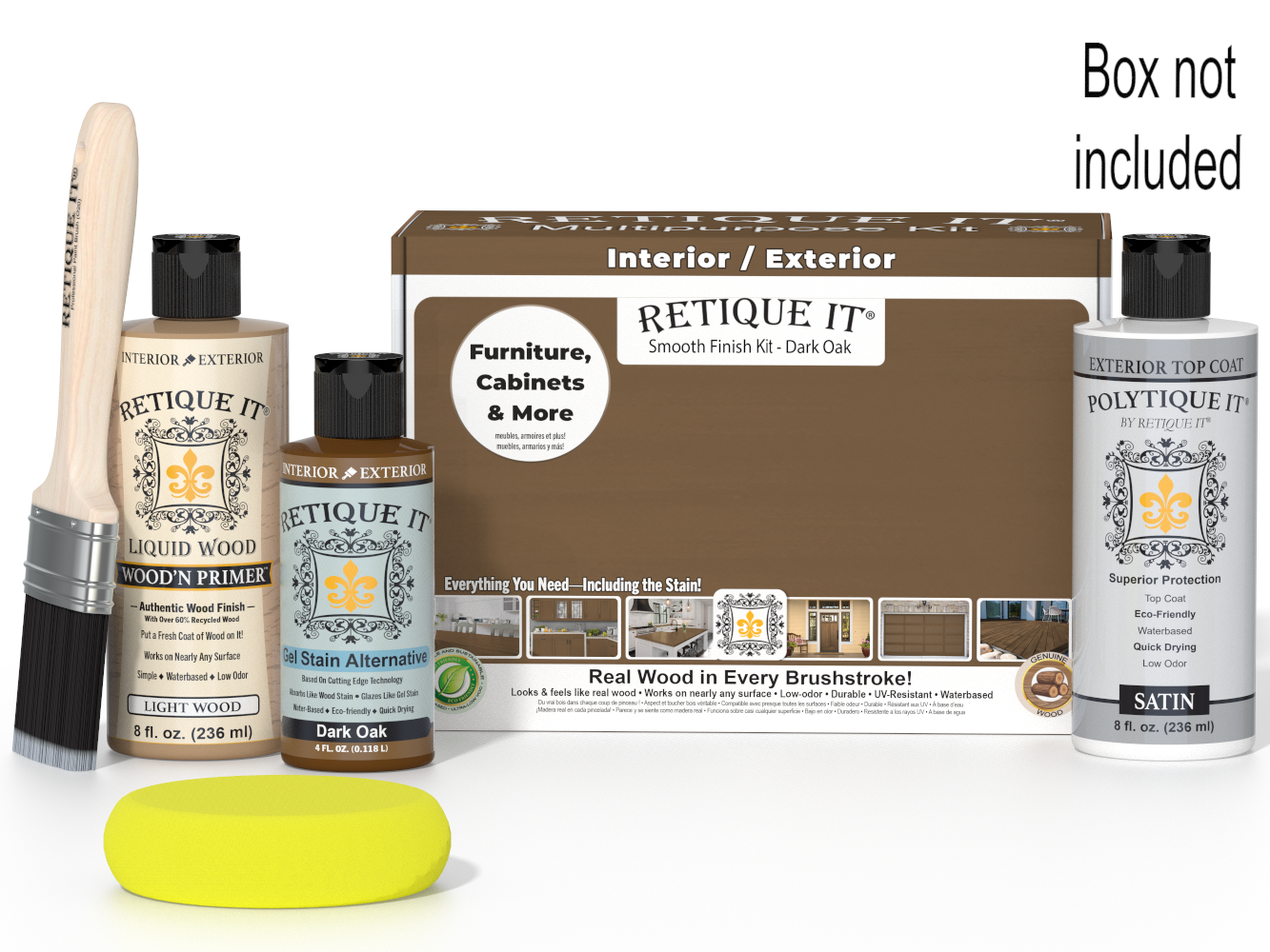 Retique It wood finish kit with bottles, brush, and packaging on a white background