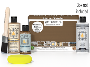 Retique It wood finish kit with bottles, brush, and packaging on a white background