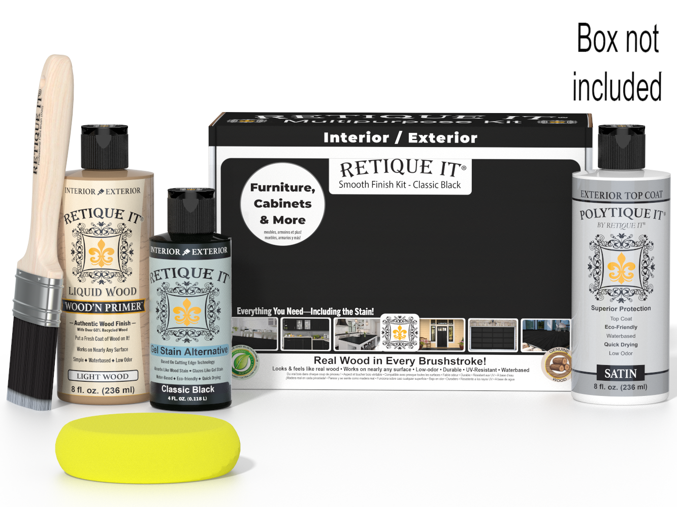 Retique It furniture finish kit with bottles, brush, and box on a white background