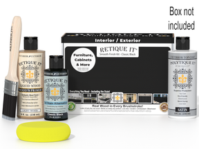 Retique It furniture finish kit with bottles, brush, and box on a white background