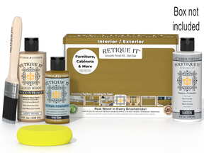 Retique It wood finish kit with bottles, a brush, and a box on a white background