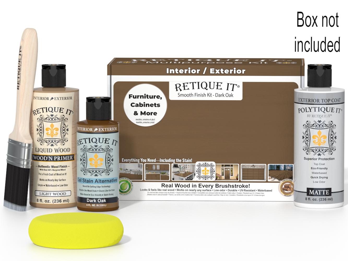 Retique It wood finish kit with bottles, brush, and packaging on a white background