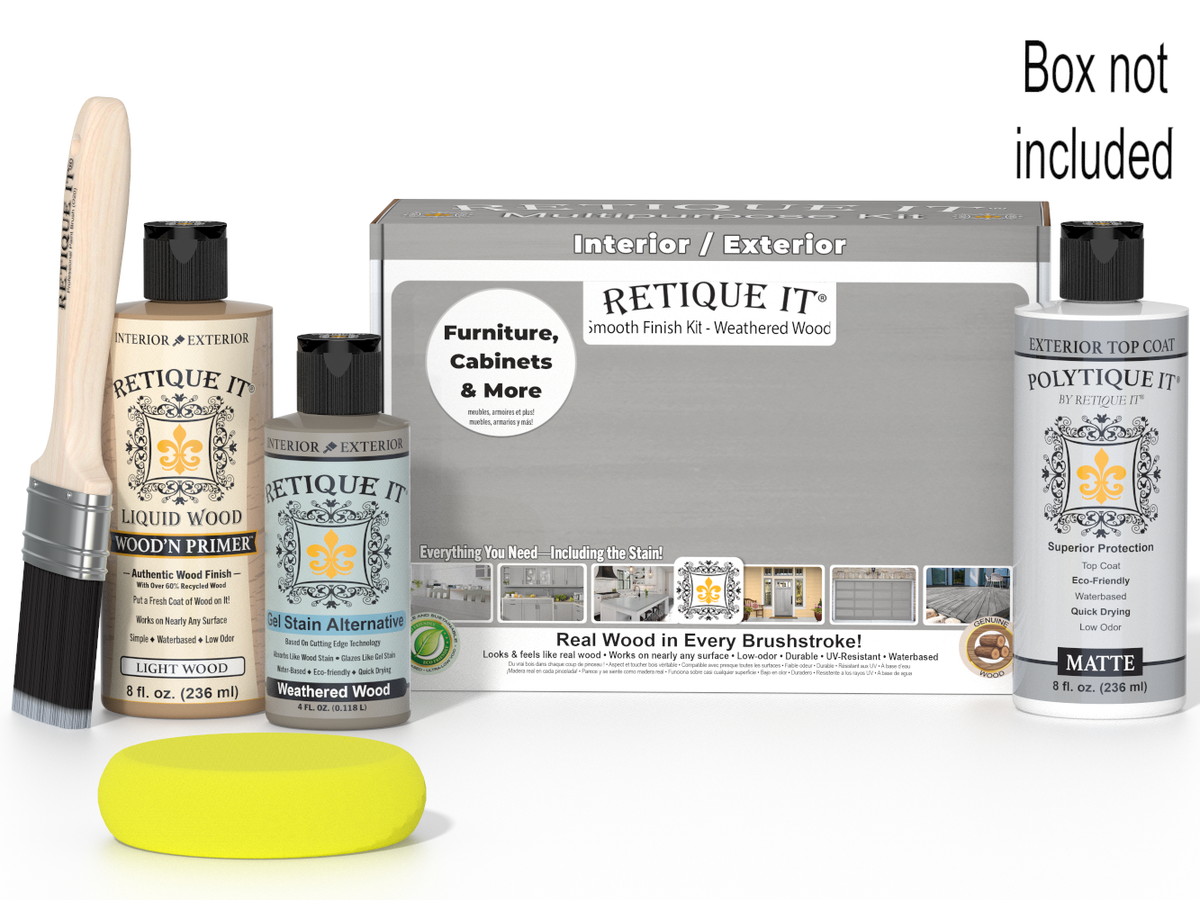 Retique It furniture care products including a box, bottles, brush, and applicator on a white background.