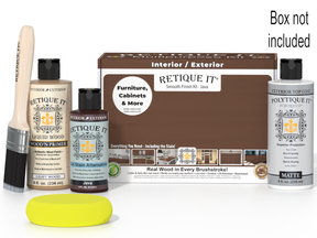 Retique It wood finish kit with bottles, brush, and box on a white background