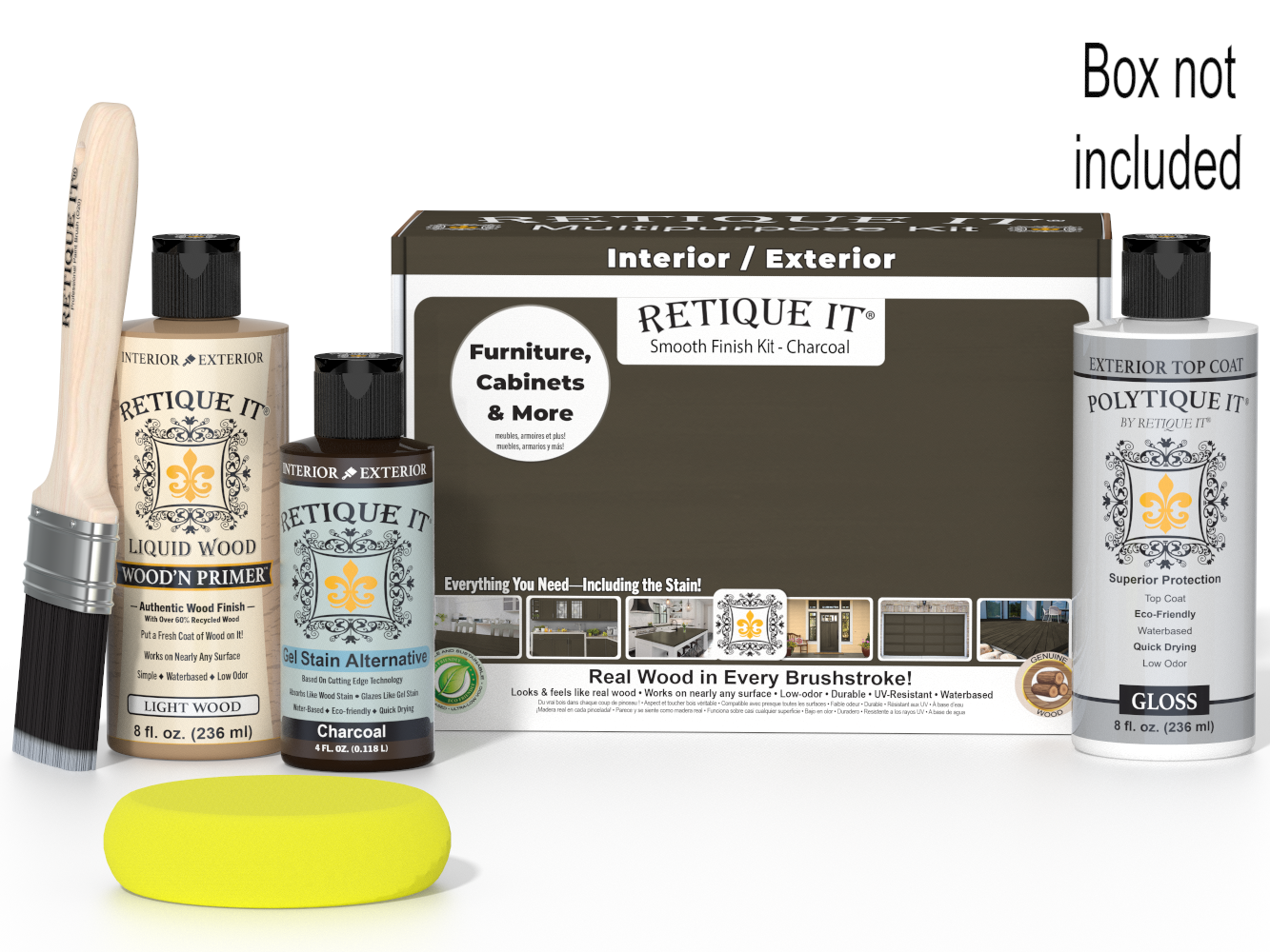Retique It furniture care products including a box, bottles, and a brush on a white background.