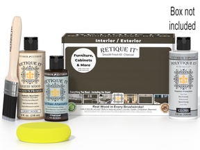 Retique It furniture care products including a box, bottles, and a brush on a white background.