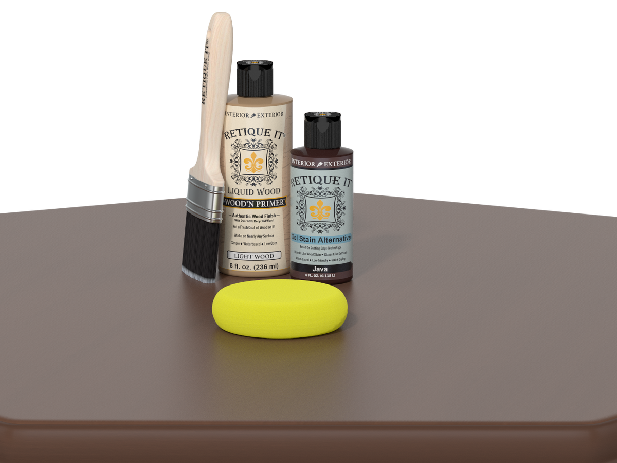 Set of Etiquette Wood Care products including a brush, bottle, and yellow sponge on a brown surface.