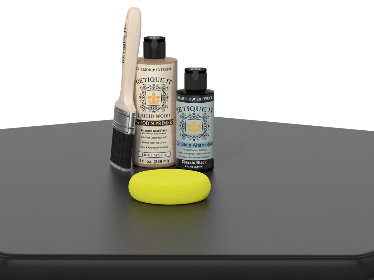 Set of painting supplies including a brush, bottles, and a sponge on a gray surface with a white background.
