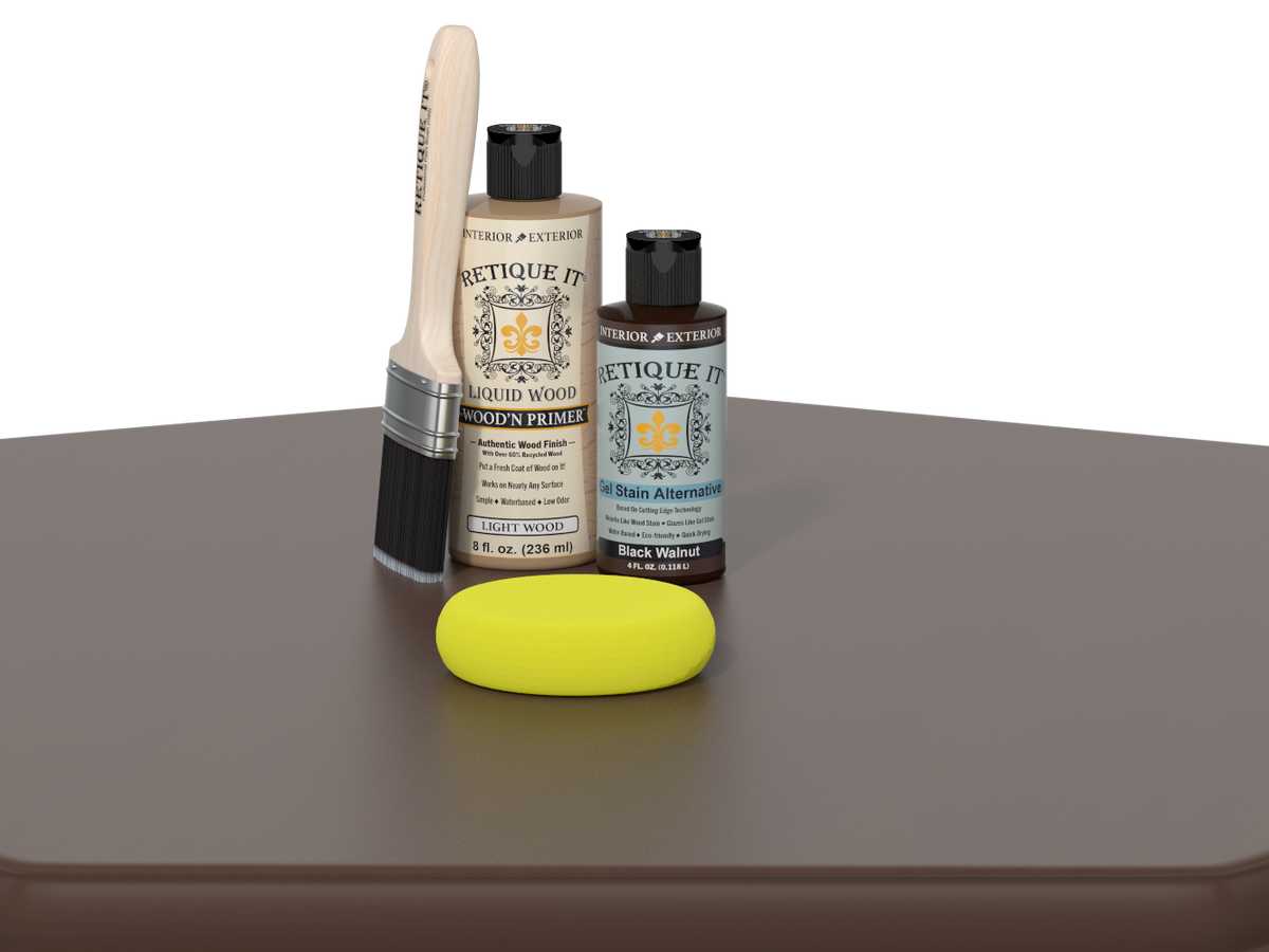 Set of Etiquette Wood Care products including a brush, bottle, and sponge on a gray surface.