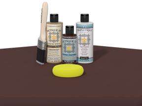 Set of Etickette paint and primer bottles with a brush and sponge on a brown surface