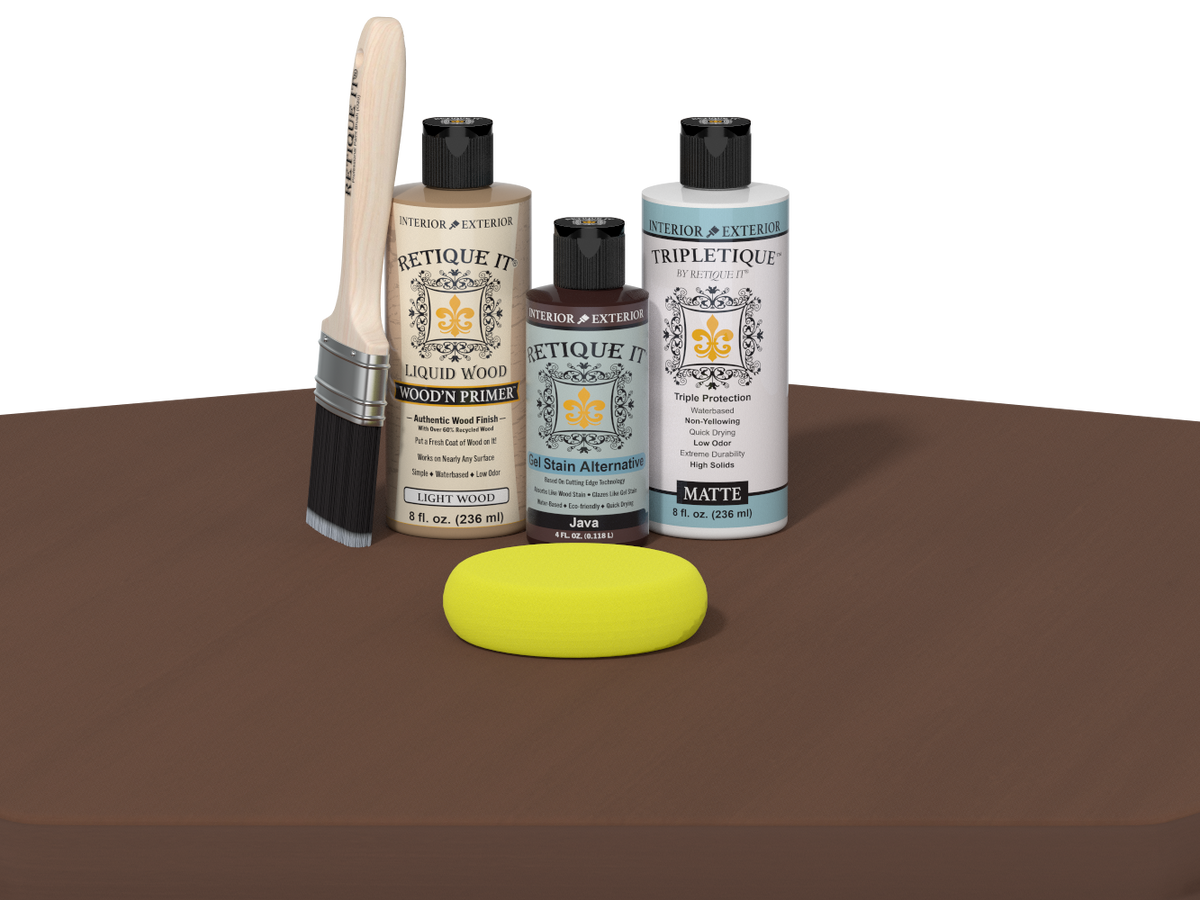 Set of Etickette paint bottles and tools on a brown surface