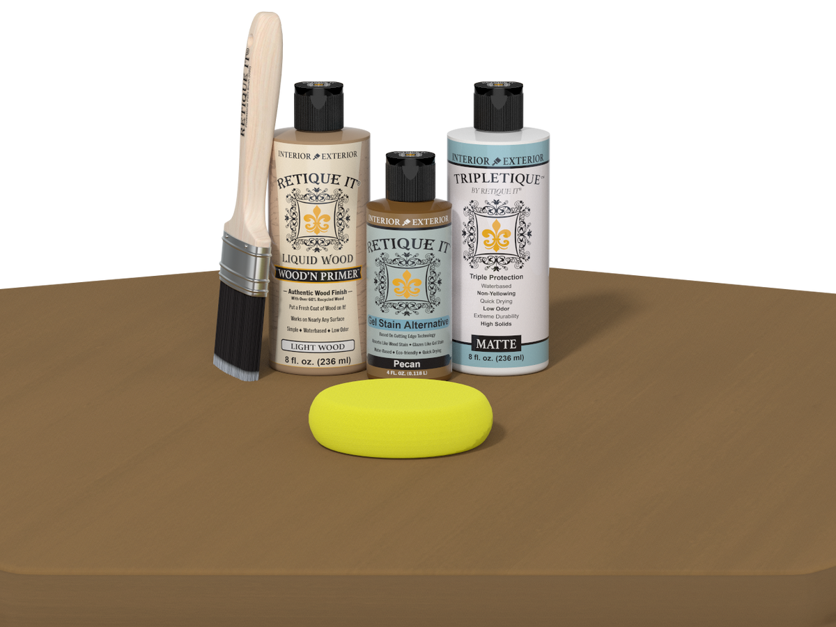 Set of Etickette paint and primer bottles with a brush and yellow sponge on a brown surface.