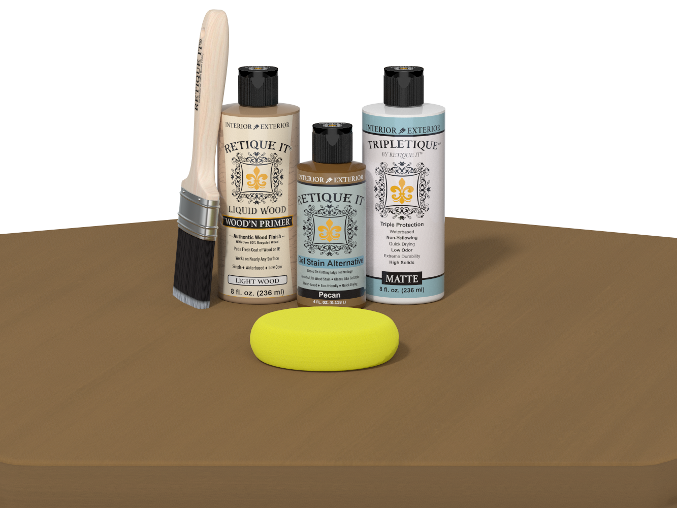 Retique It® Multi-purpose Smooth Finish Kit in Pecan for interior wood projects, includes top coat for a sleek, finished look.