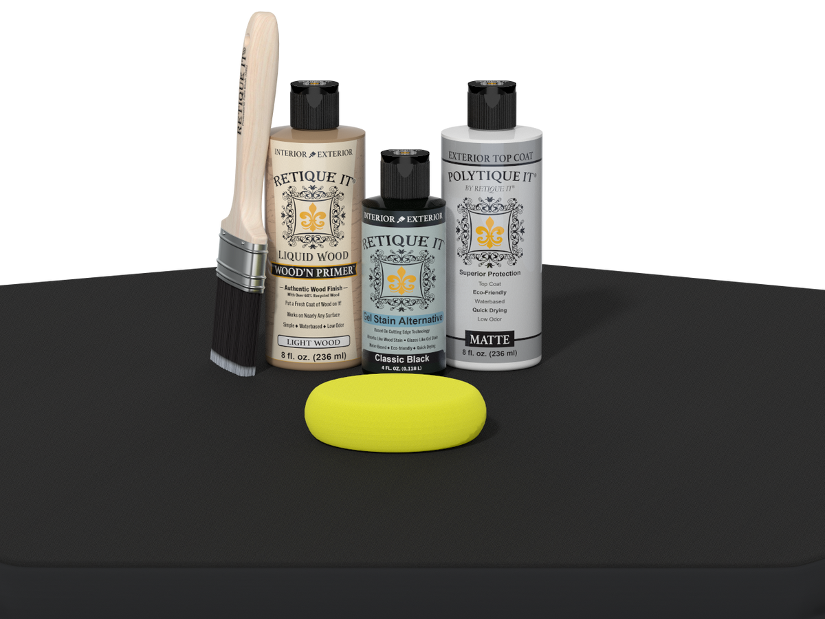 Collection of Eticketit paint bottles and a yellow sponge on a black surface