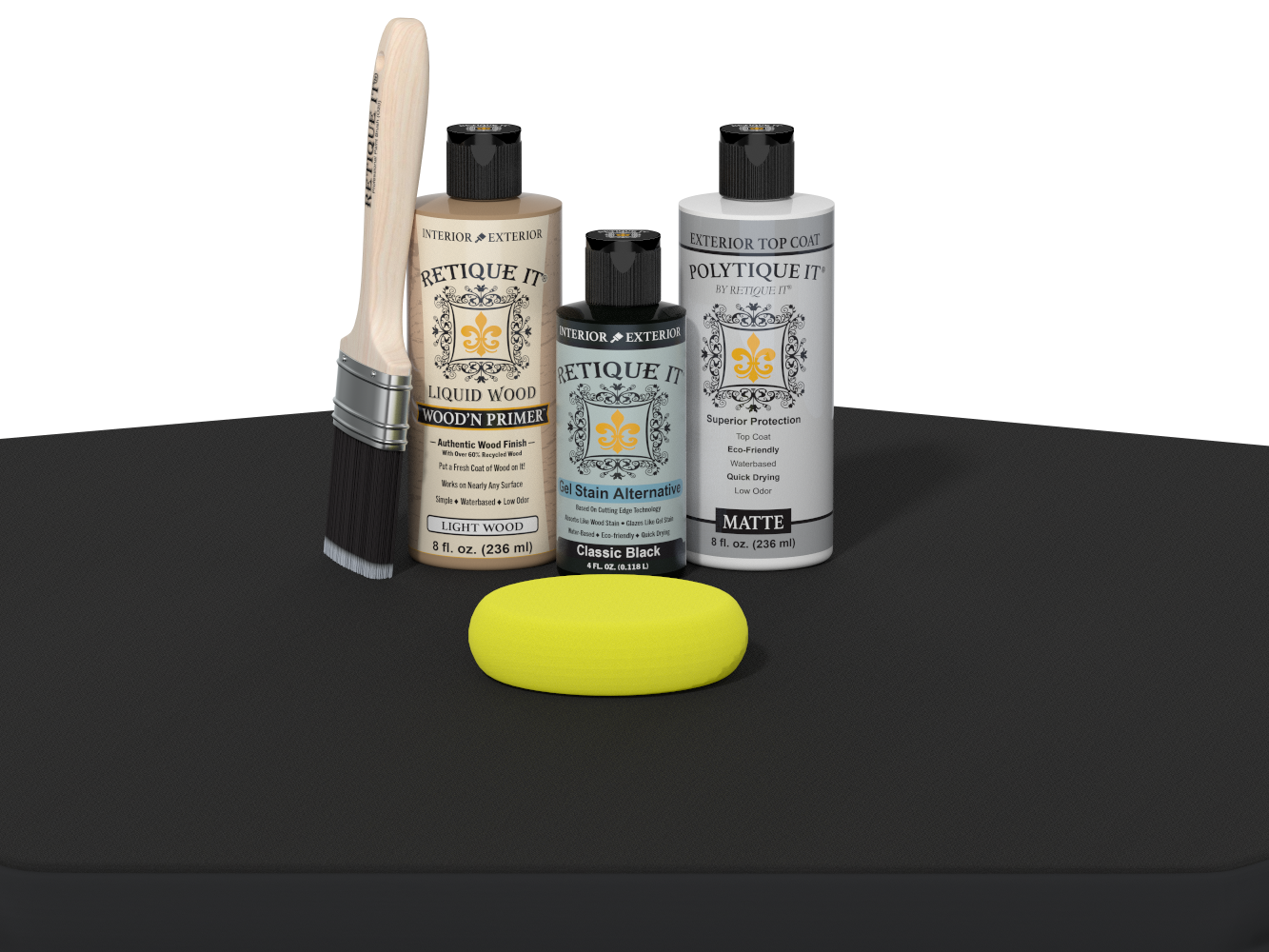 Collection of Eticketit paint bottles and a yellow sponge on a black surface