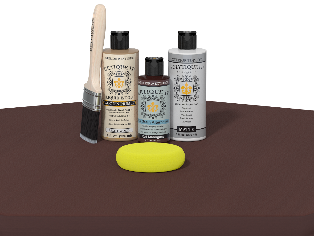 Collection of Eticketit paint bottles and tools on a brown surface