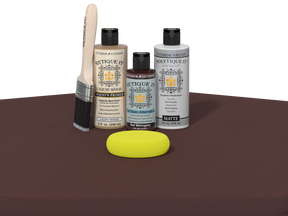 Collection of Eticketit paint bottles and tools on a brown surface