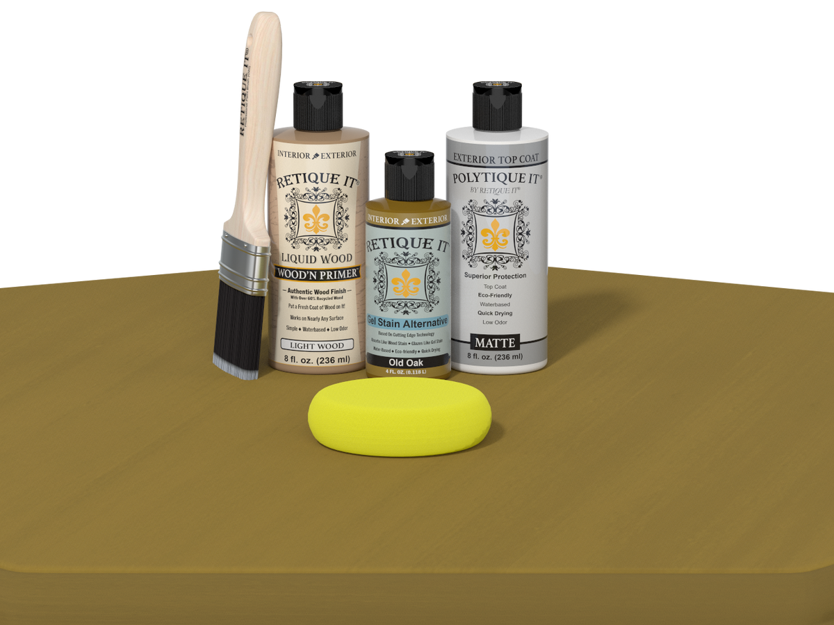 Set of Etiquette Kit products including bottles, a brush, and a sponge on a brown surface.