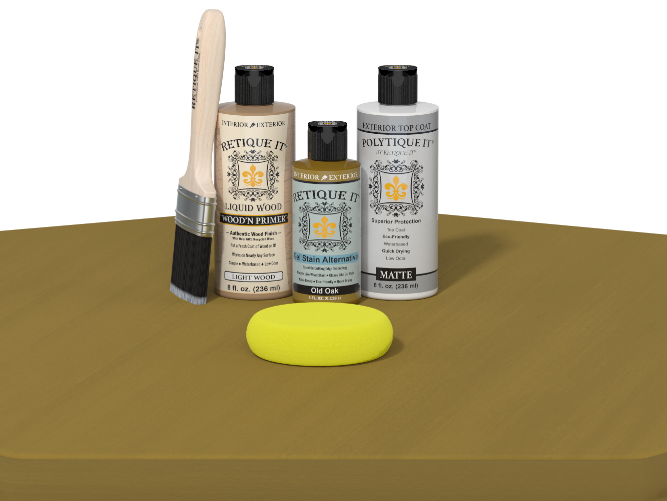 Set of Etiquette Kit products including bottles, a brush, and a sponge on a brown surface.