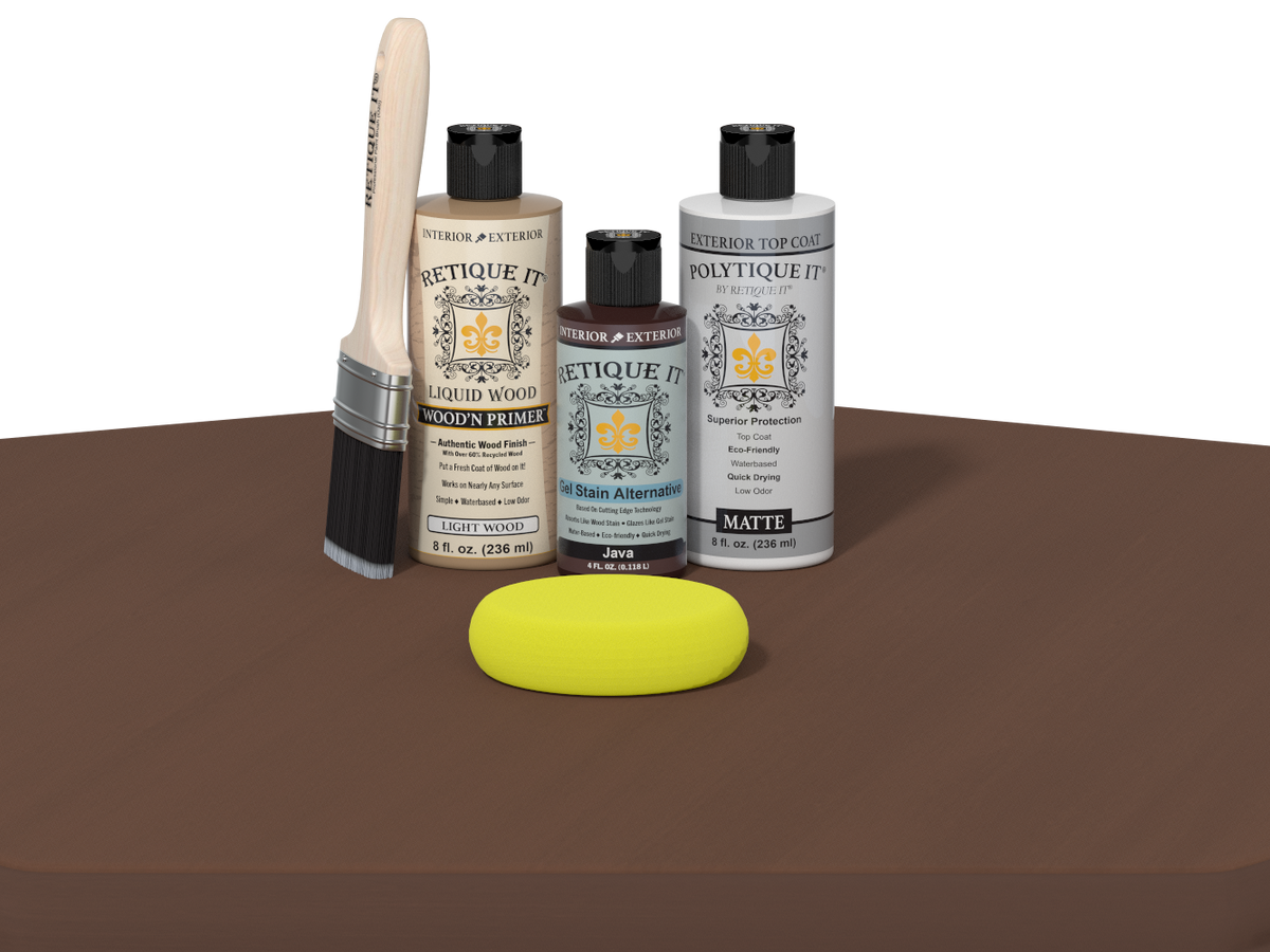 Set of Etiketit paint bottles and tools on a brown surface with a white background