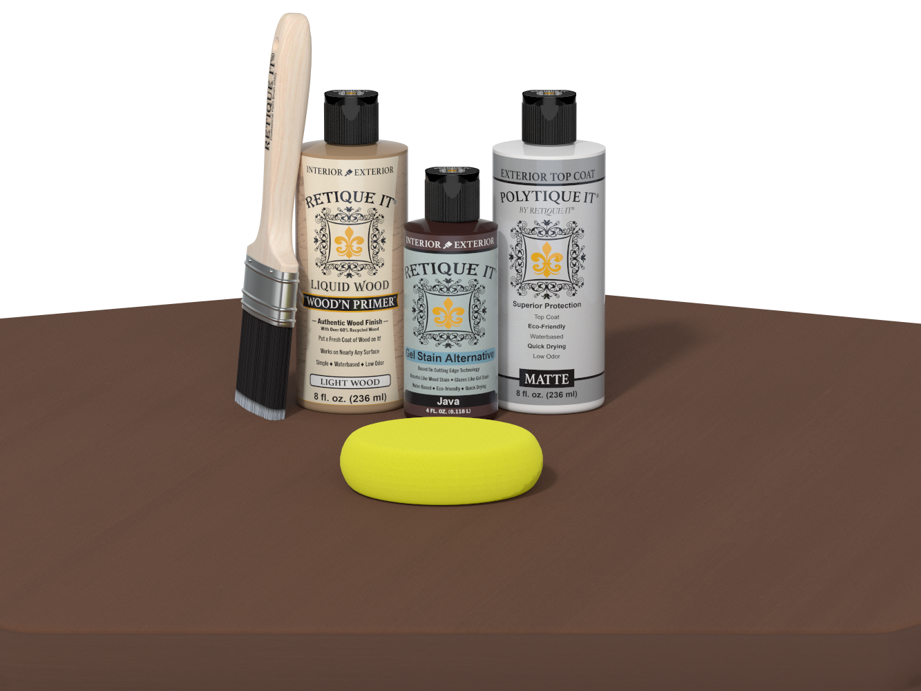 Set of Etiketit paint bottles and tools on a brown surface with a white background