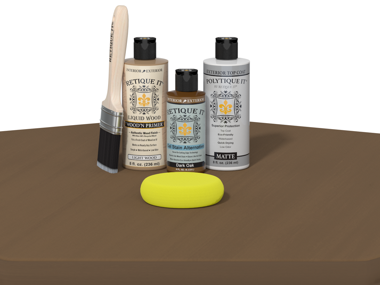 Collection of Eticketit paint bottles and tools on a brown surface