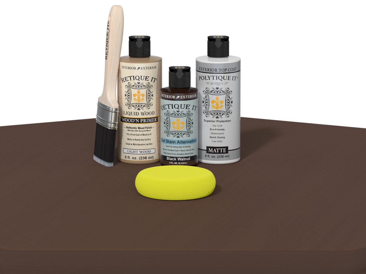 Collection of Etiketique paint bottles and tools on a brown surface with a white background