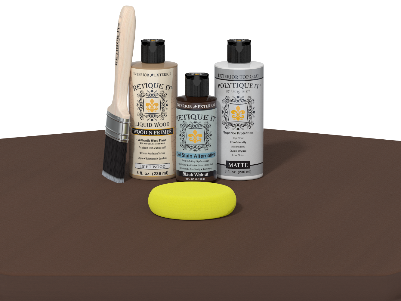 Collection of Etiketique paint bottles and tools on a brown surface with a white background