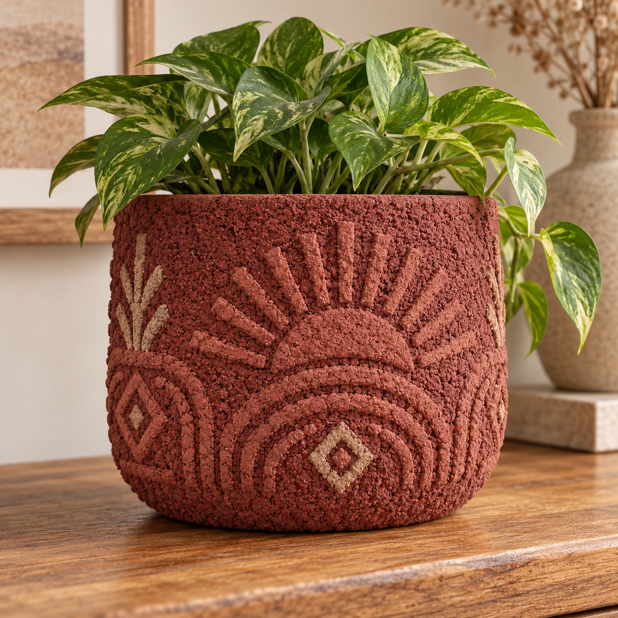 DecoArt Bloom Texture Paint in Bloodstone Clay shown on a textured home decor surface
