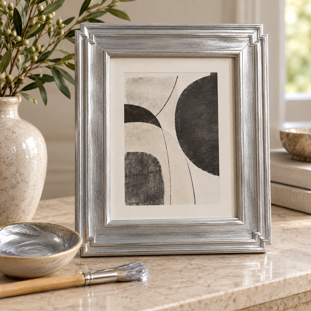 DecoArt Americana Decor Metallics Sterling Silver paint jar shown in a lifestyle setting