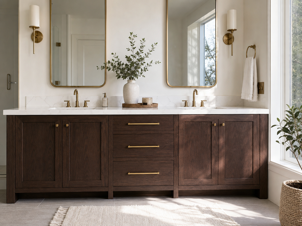 Double bathroom vanity with dark walnut cabinets, brass hardware, white marble countertop, and gold-framed mirrors.
