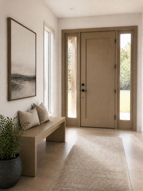 A modern entryway featuring a light wood bench with neutral throw pillows, a large framed abstract print on the wall, and a textured beige rug leading toward a matching light wood front door with sidelight windows.